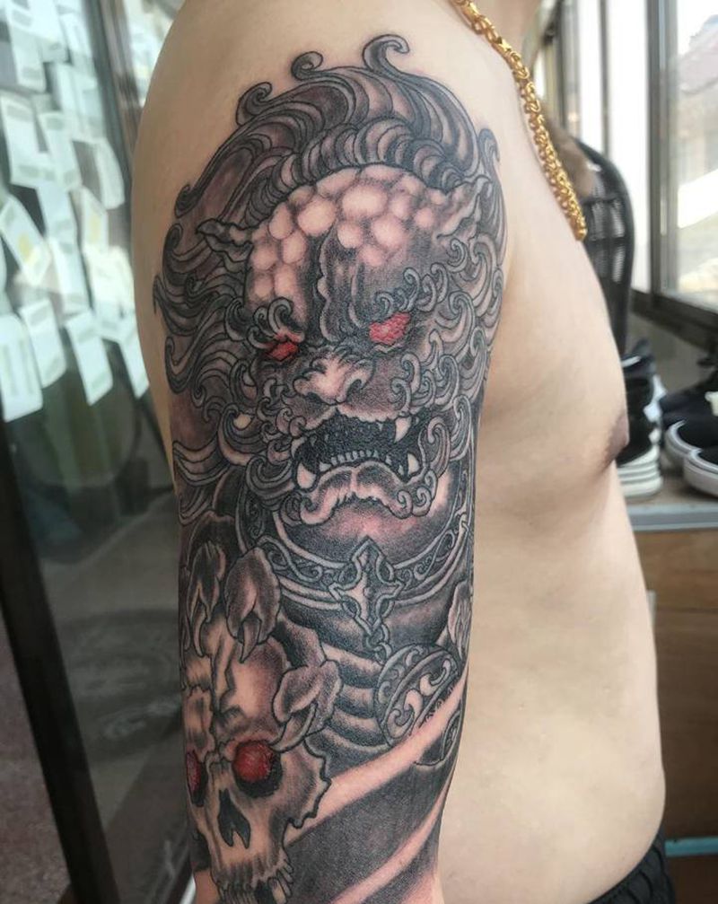 唐狮纹身图片_手臂新传统纹身图案