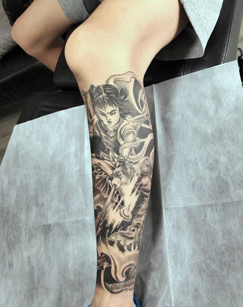 哪吒纹身图片_腿部新传统纹身图案