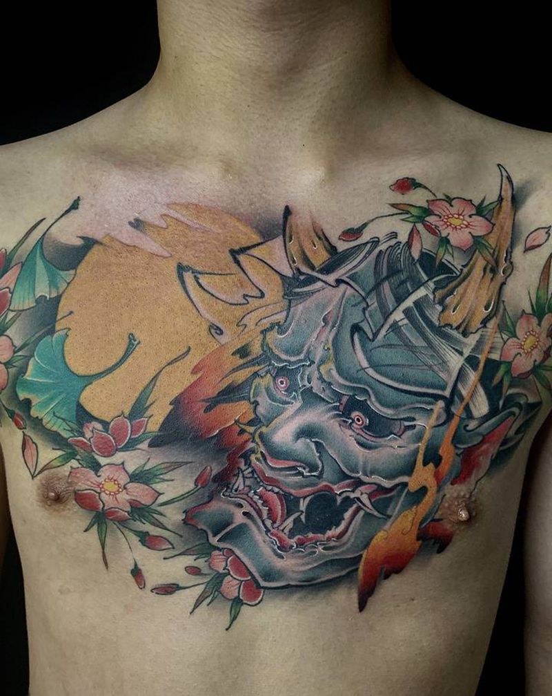 般若花胸纹身图片_胸部新传统般若纹身图案