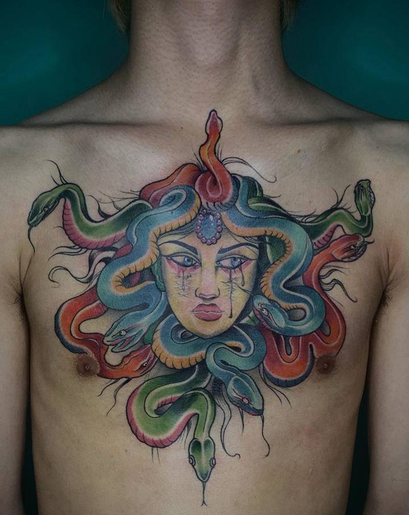 美杜莎纹身图片_胸部New School美杜莎蛇美女纹身图案