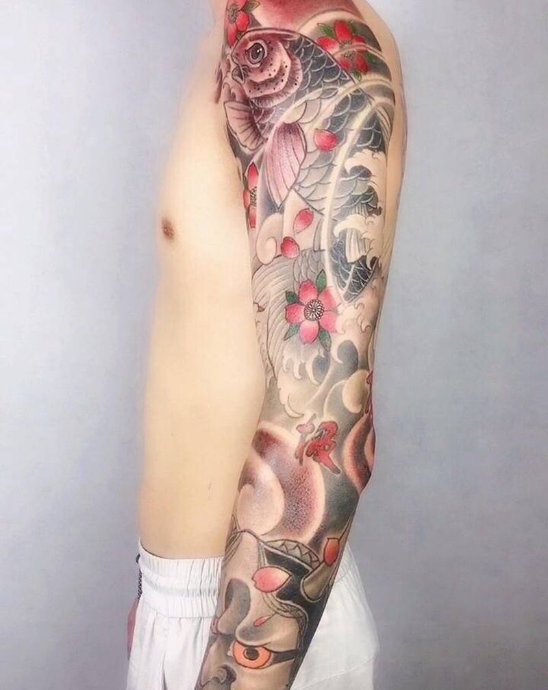 鱼般若通臂纹身图片_手臂新传统纹身图案