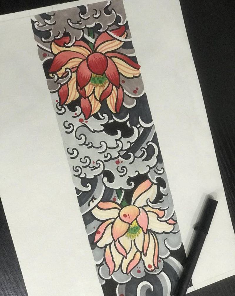 几个本店师傅手稿纹身图片_腿部手臂新传统水彩纹身图案