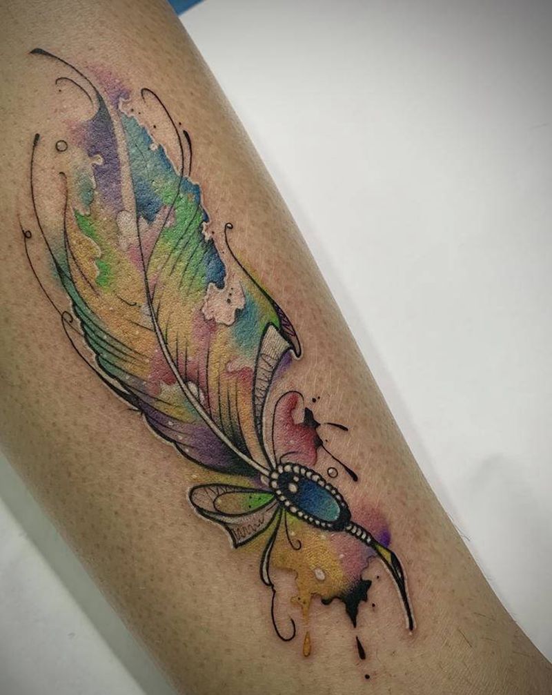 泼墨羽毛纹身图片_腿部水墨纹身图案