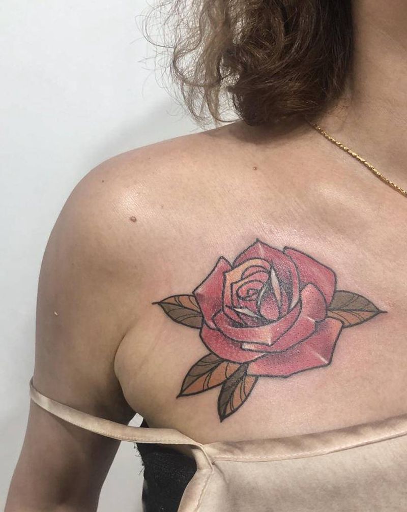 玫瑰纹身图片_胸部New School玫瑰纹身图案