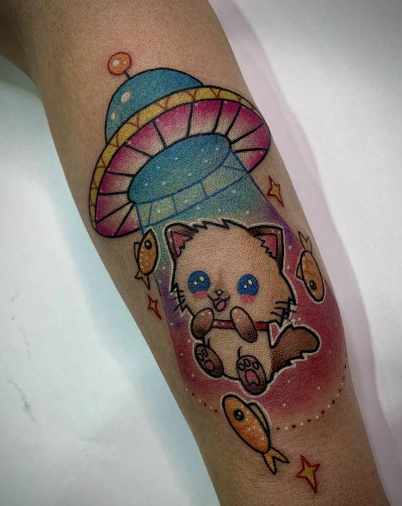 外星猫纹身图片_手臂New School猫ufo纹身图案