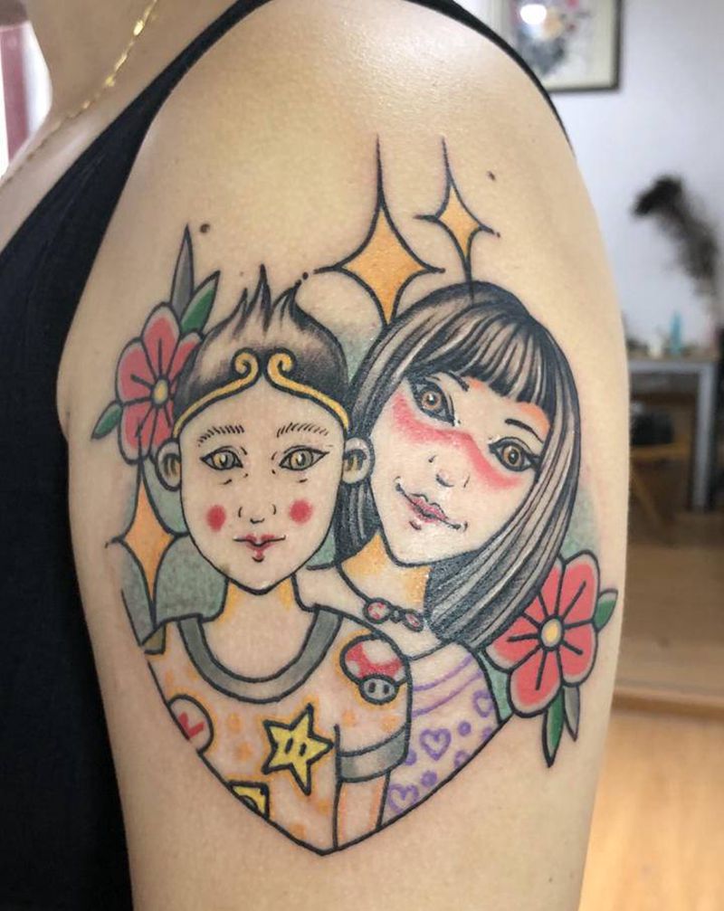 亲子图纹身图片_手臂Old School亲子纹身图案