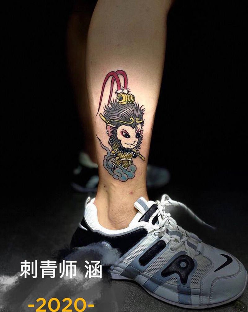 Q版齐天大圣纹身图片_腿部孙悟空纹身图案