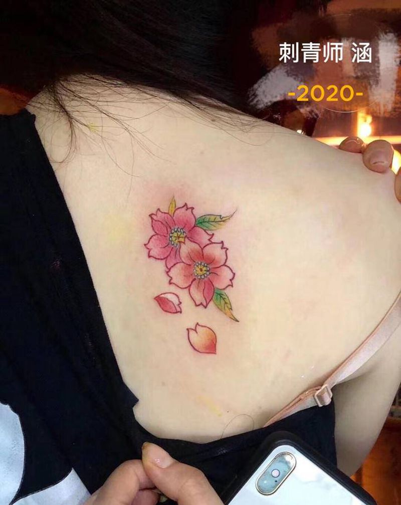 小樱花纹身图片_背部新传统樱花纹身图案