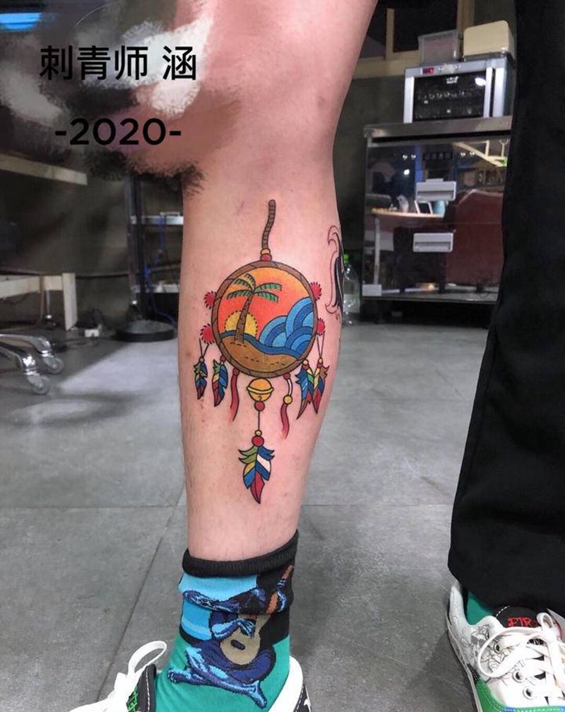 捕梦网纹身图片_腿部Old School捕梦网纹身图案