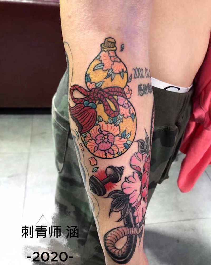 日式葫芦和小哑铃纹身图片_手臂老传统日式葫芦纹身图案