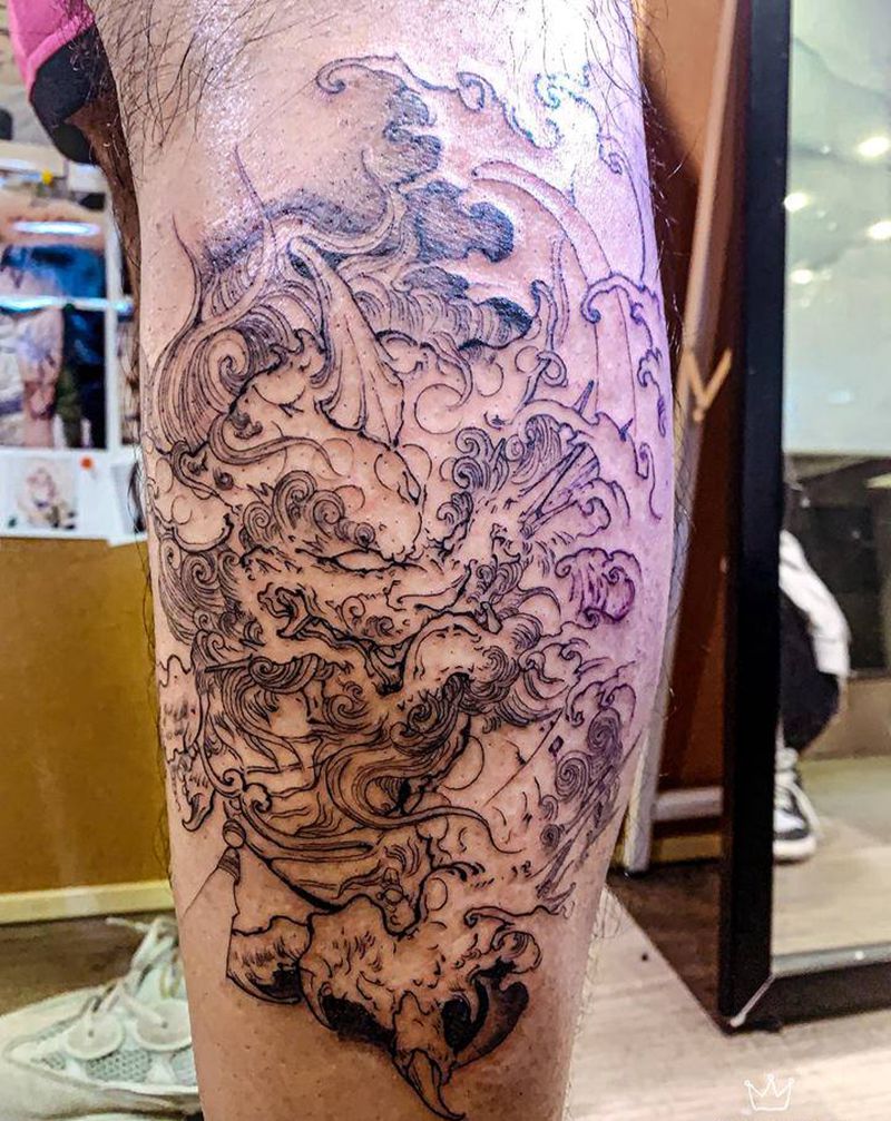 唐狮纹身图片_腿部新传统唐狮纹身图案