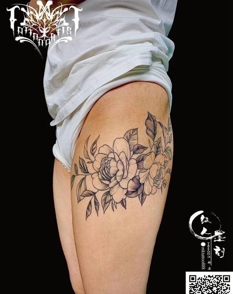 素花纹身图片_腿部素花纹身图案