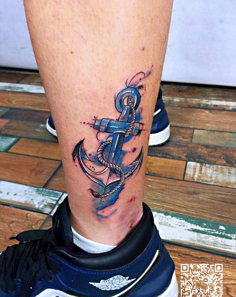海锚纹身图片_脚部水墨水彩纹身图案