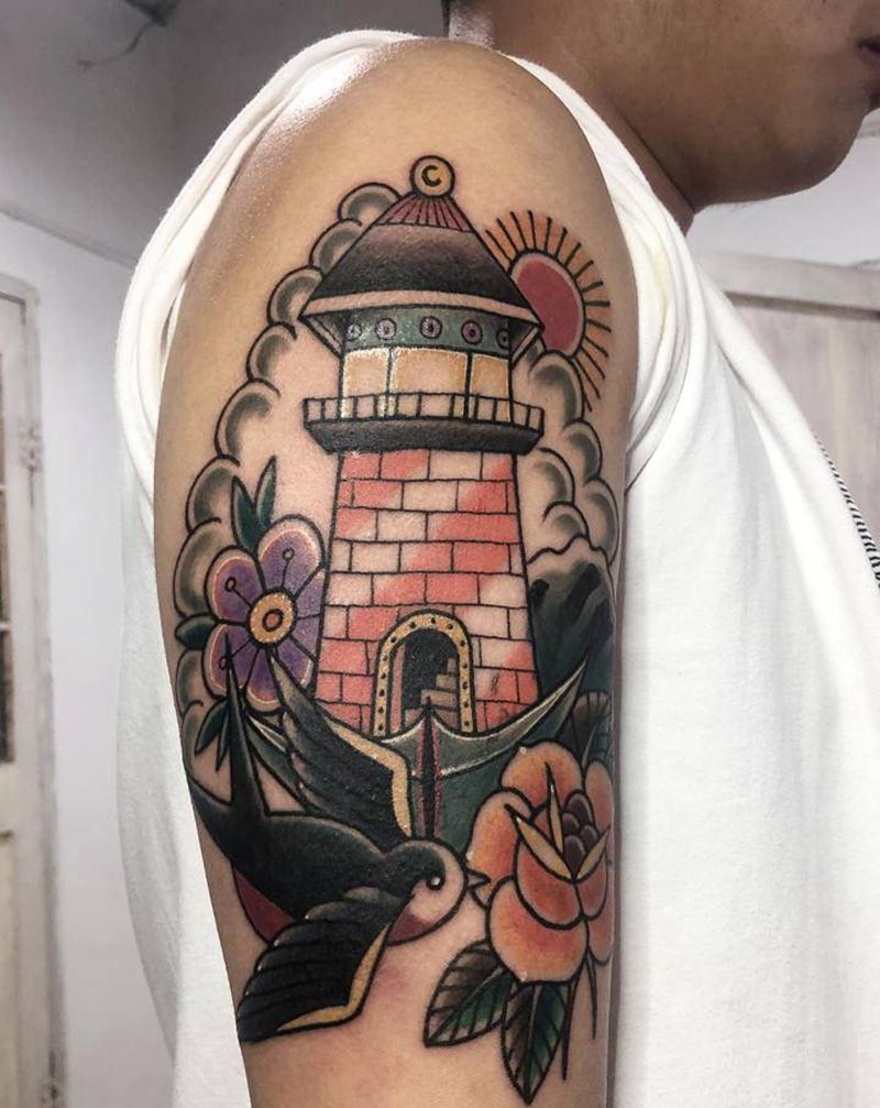 灯塔纹身图片_手臂Old School纹身图案