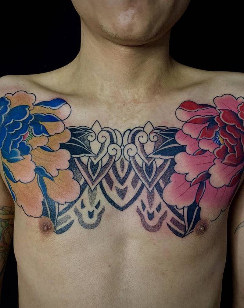 牡丹花胸纹身图片_胸部点刺牡丹纹身图案