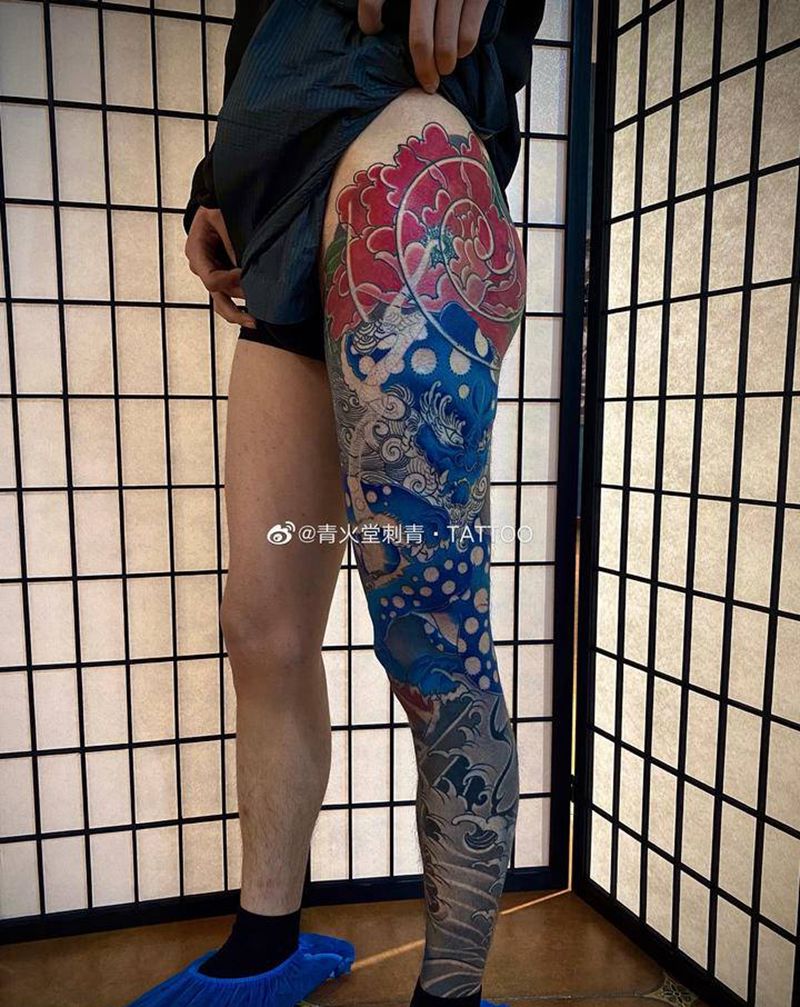 唐狮花腿纹身图片_腿部老传统纹身图案