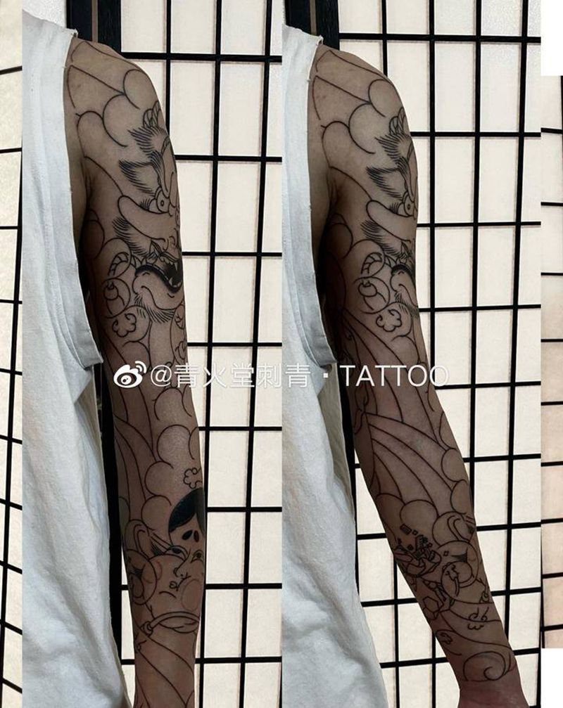 日式花臂线纹身图片_手臂老传统纹身图案