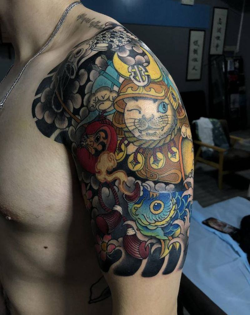 武士猫纹身图片_手臂老传统纹身图案