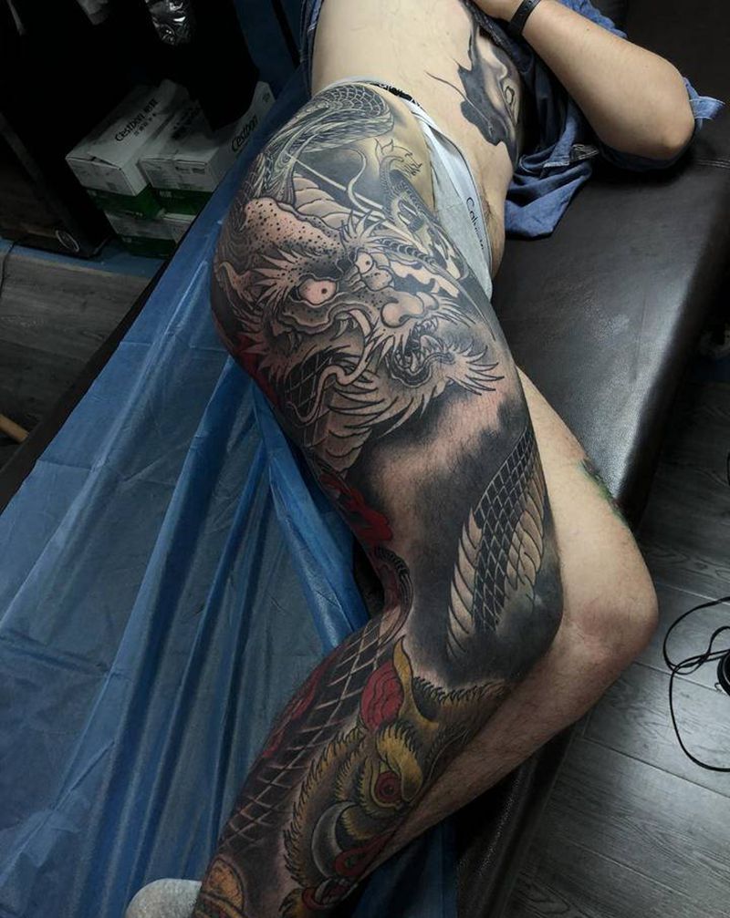 龙纹身图片_腿部新传统纹身图案