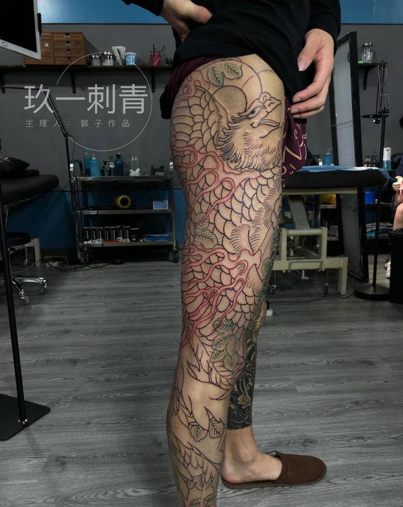 新开凤凰整腿纹身图片_腿部老传统纹身图案