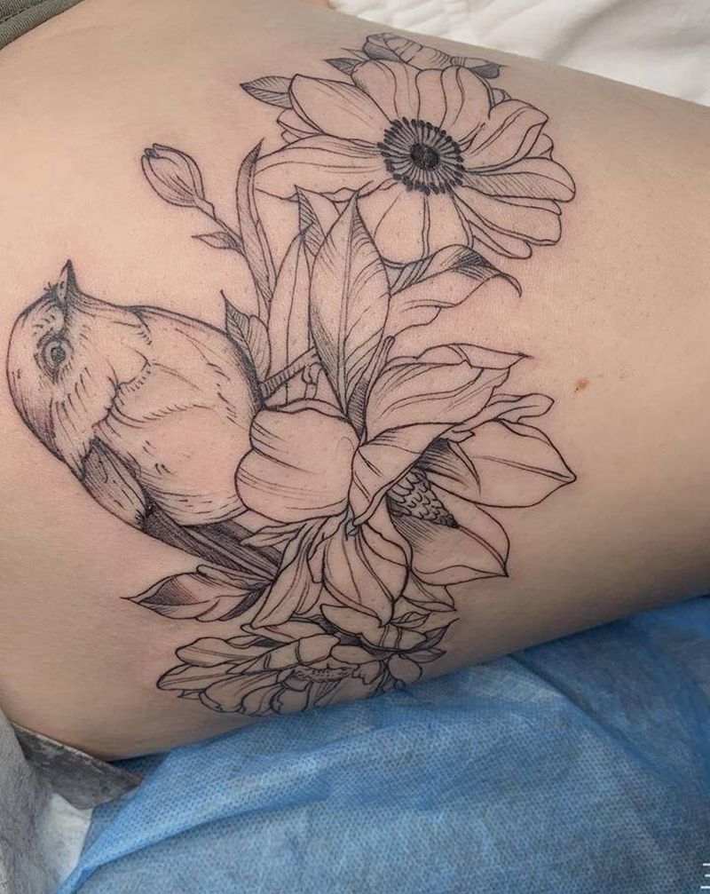 素花纹身图片_腿部纹身图案