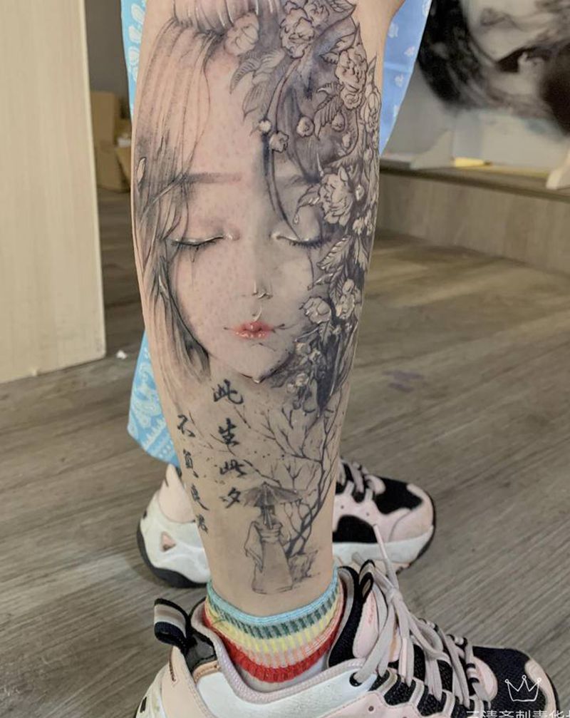 水墨美女纹身图片_腿部水墨美女纹身图案