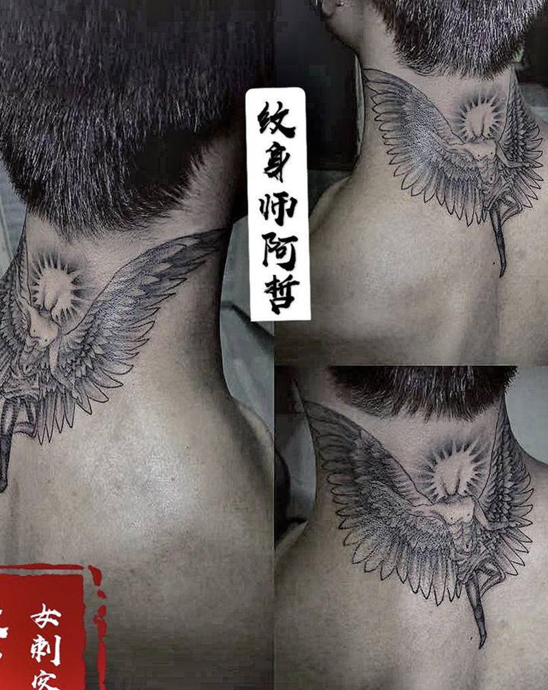 GD同款纹身图片_颈部欧美写实纹身图案