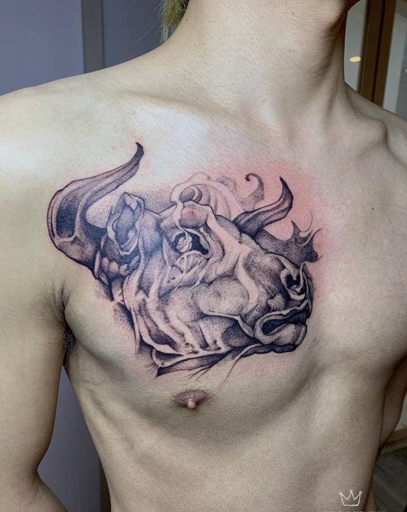 牛头纹身图片_胸部点刺暗黑纹身图案