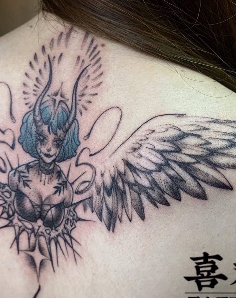 恶魔天使共存纹身图片_背部欧美写实翅膀恶魔纹身图案