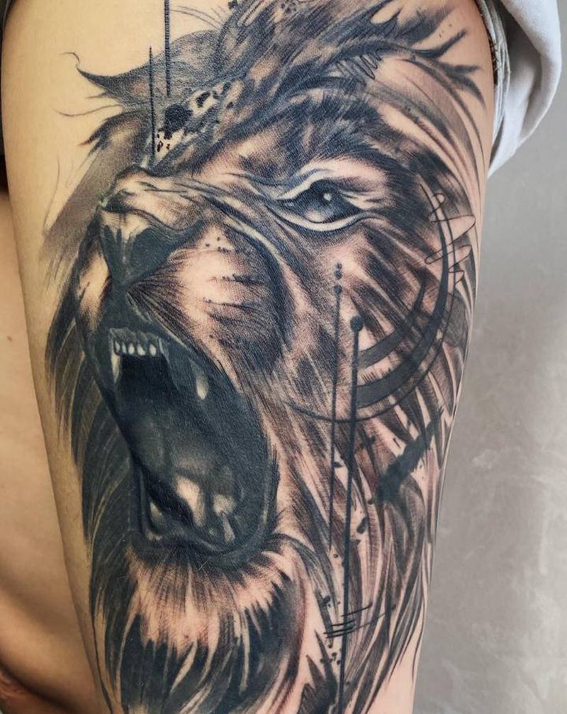 狮首纹身图片_腿部纹身图案