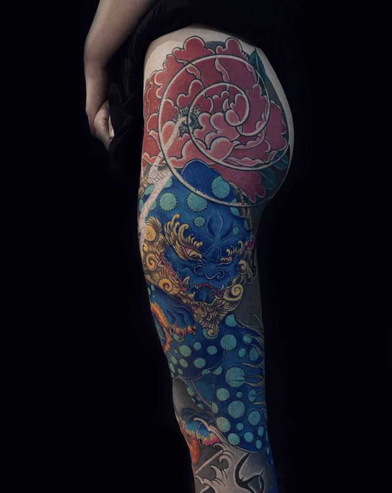 唐狮花腿纹身图片_腿部老传统纹身图案