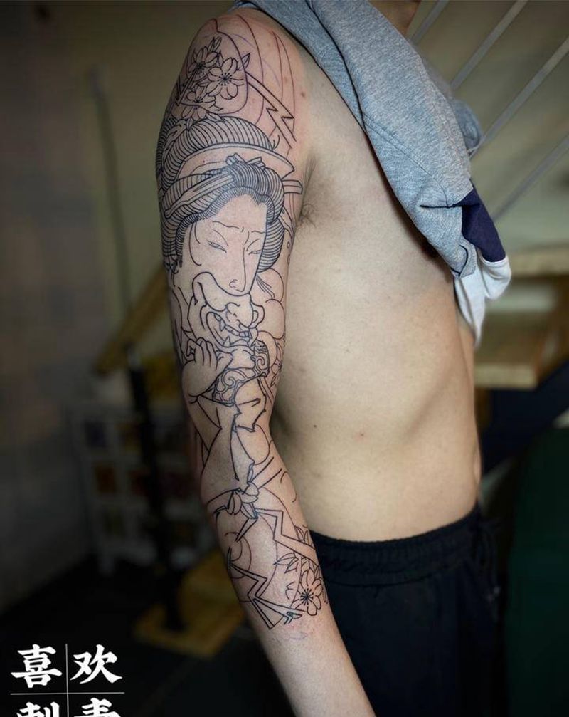 日式七分袖第一次纹身图片_手臂老传统纹身图案