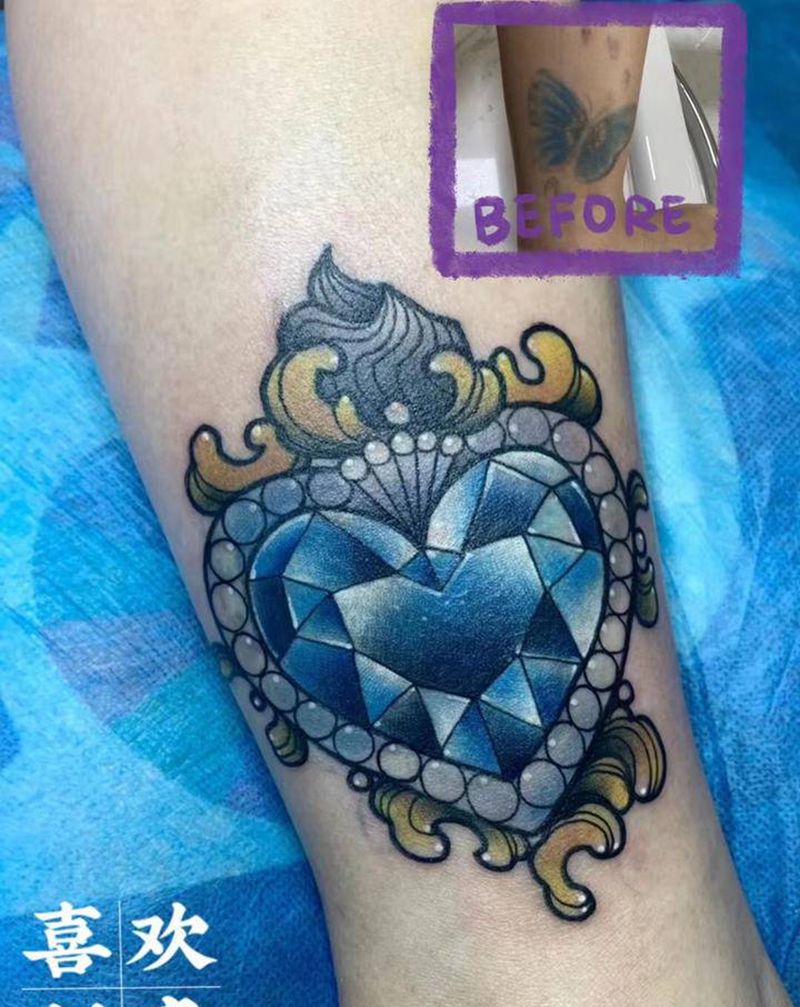 宝石遮盖纹身图片_腿部New School宝石遮盖纹身图案