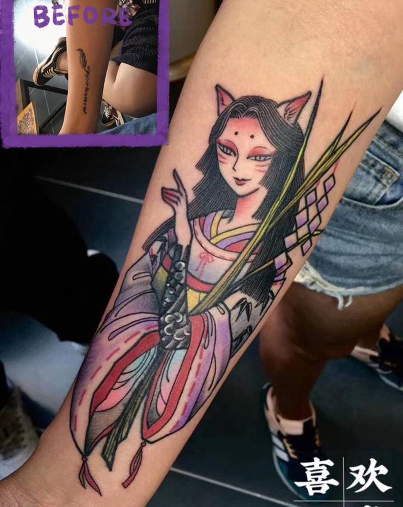 日式狐妖遮盖纹身图片_手臂New School狐妖遮盖纹身图案