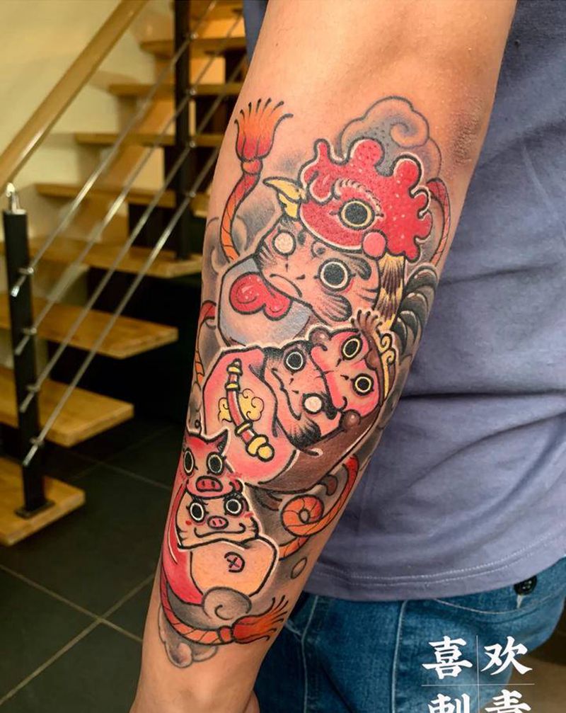 生肖达摩纹身图片_手臂老传统生肖达摩纹身图案