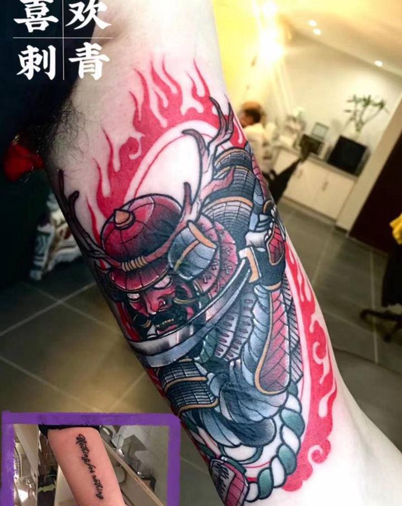 鬼武士遮盖纹身图片_手臂新传统鬼武士纹身图案