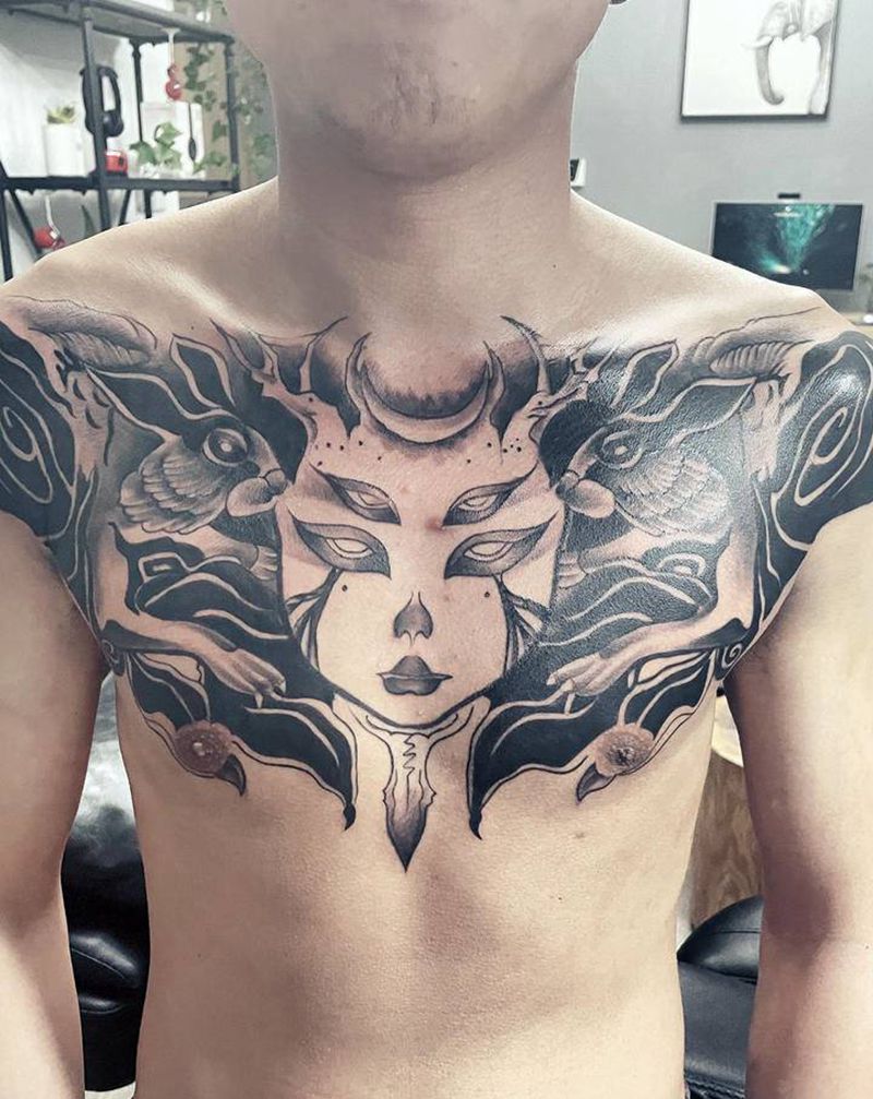 暗黑花胸纹身图片_胸部纹身图案