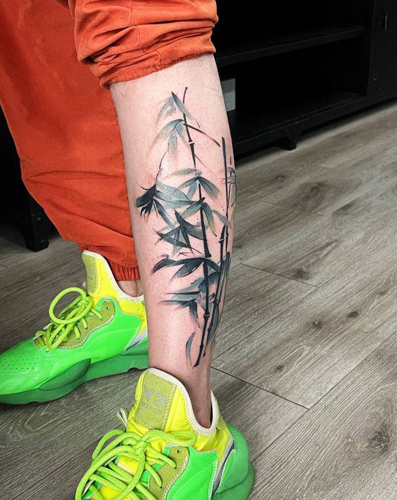 竹纹身图片_腿部水墨纹身图案