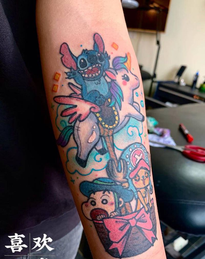 客人要求元素原创遮盖纹身图片_手臂Old School史迪仔独角兽遮盖纹身图案