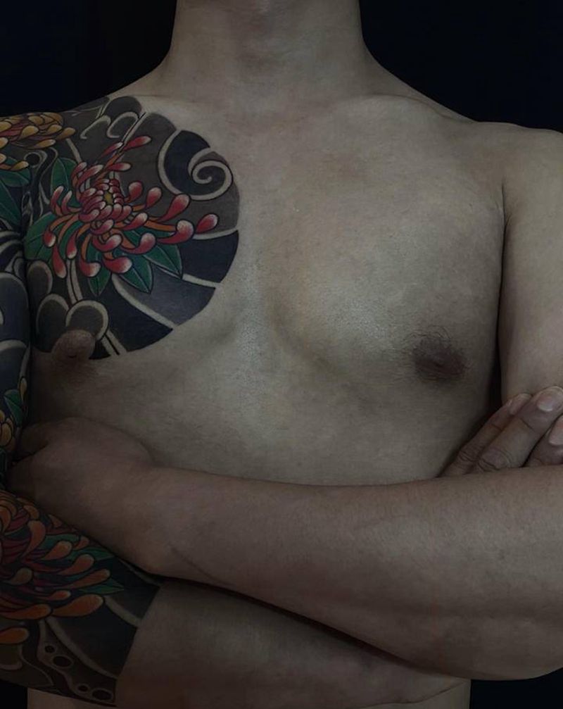 半甲七分臂纹身图片_手臂老传统纹身图案