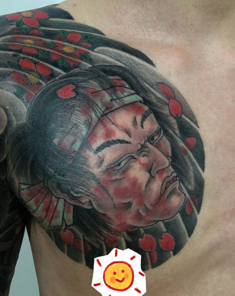 生首半甲纹身图片_胸部手臂老传统生首纹身图案