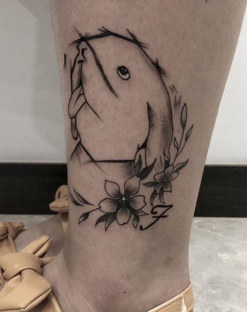 小狗纹身图片_腿部几何纹身图案