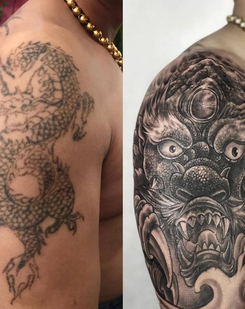 龙盖龙纹身图片_手臂老传统纹身图案
