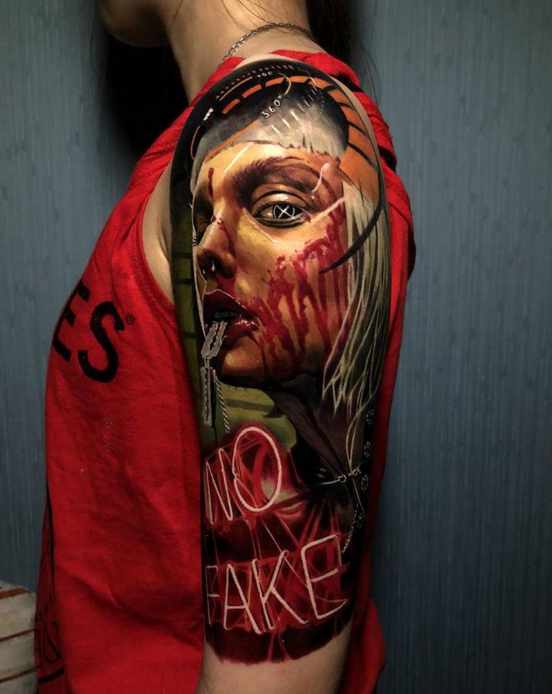 模特肖像纹身图片_手臂欧美写实纹身图案