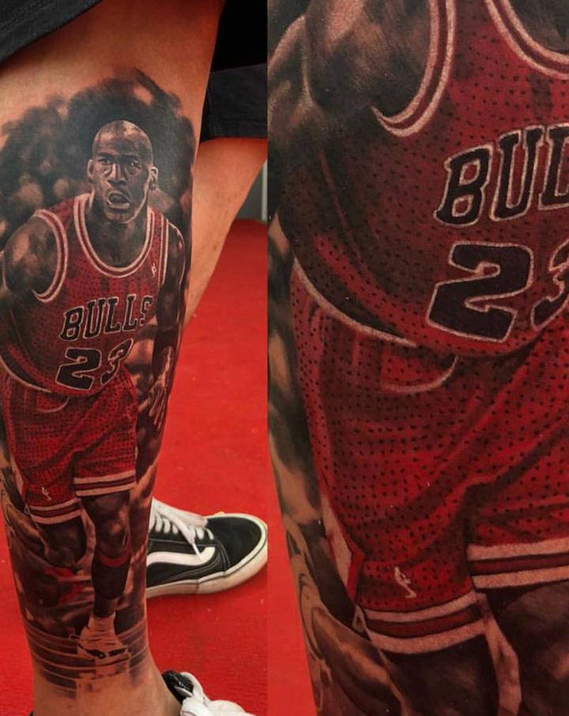 迈克尔 乔丹纹身图片_腿部欧美写实纹身图案