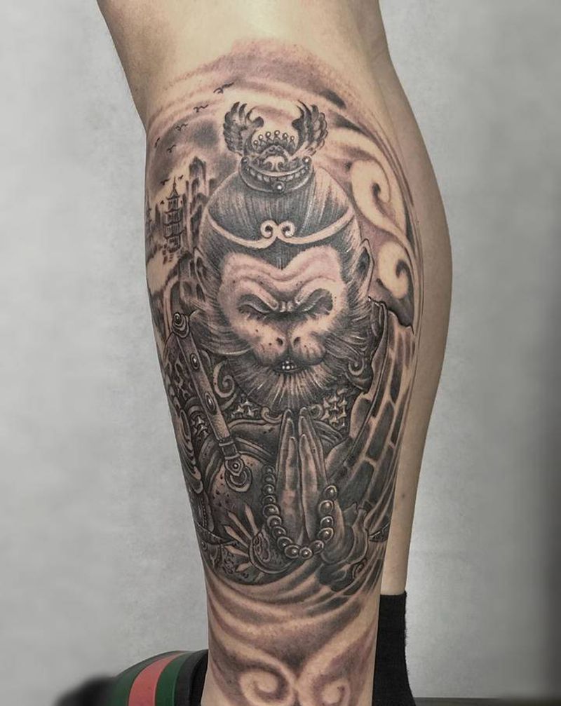斗战胜佛纹身图片_腿部新传统纹身图案