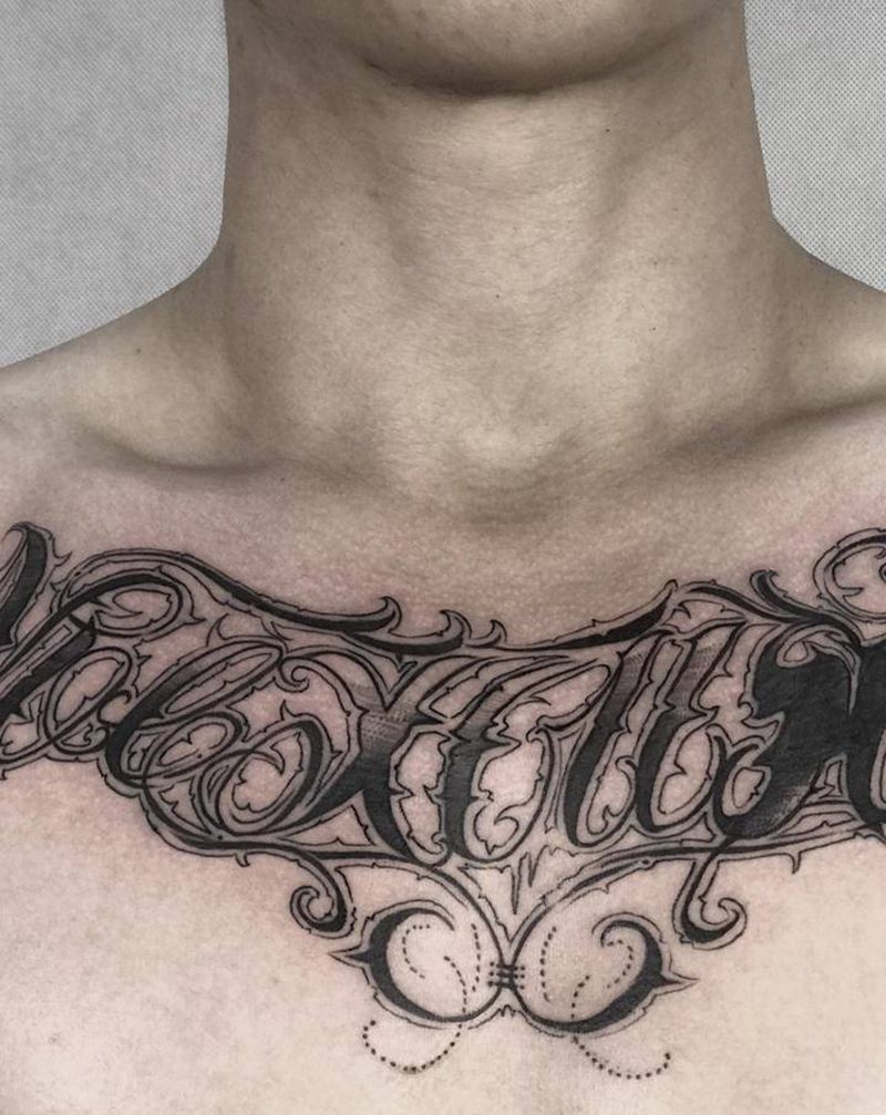 花体字走个现场纹身图片_胸部花体字纹身图案