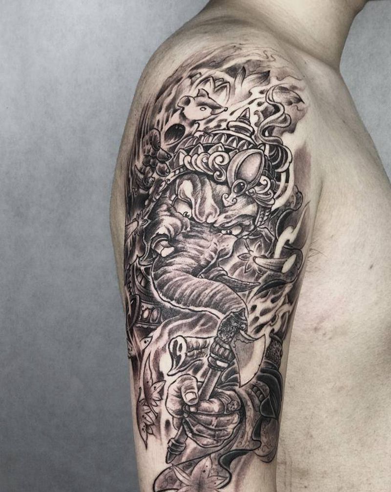 象神 全程圆针纹身图片_手臂新传统纹身图案