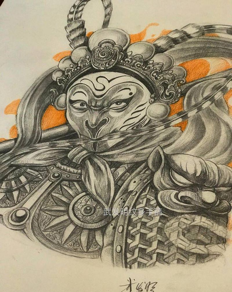 悟空纹身图片_腿部新传统点刺纹身图案