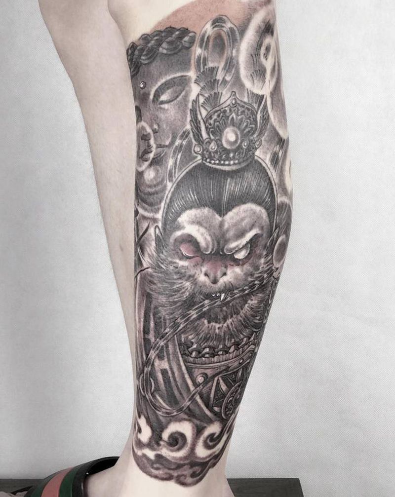 佛与魔纹身图片_脚部新传统点刺纹身图案